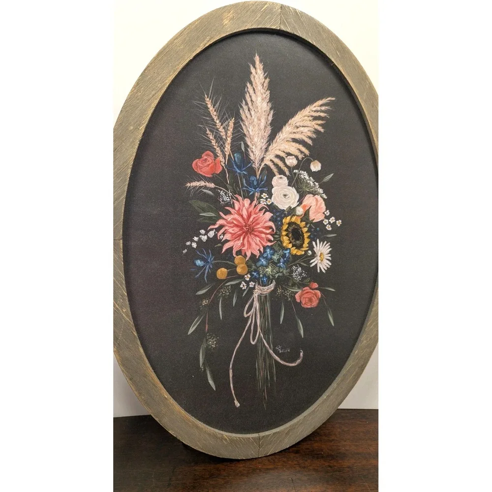 Hobby Lobby Hollihocks Oval Floral Bouquet Wall Decor Rustic Wood Frame 17x13